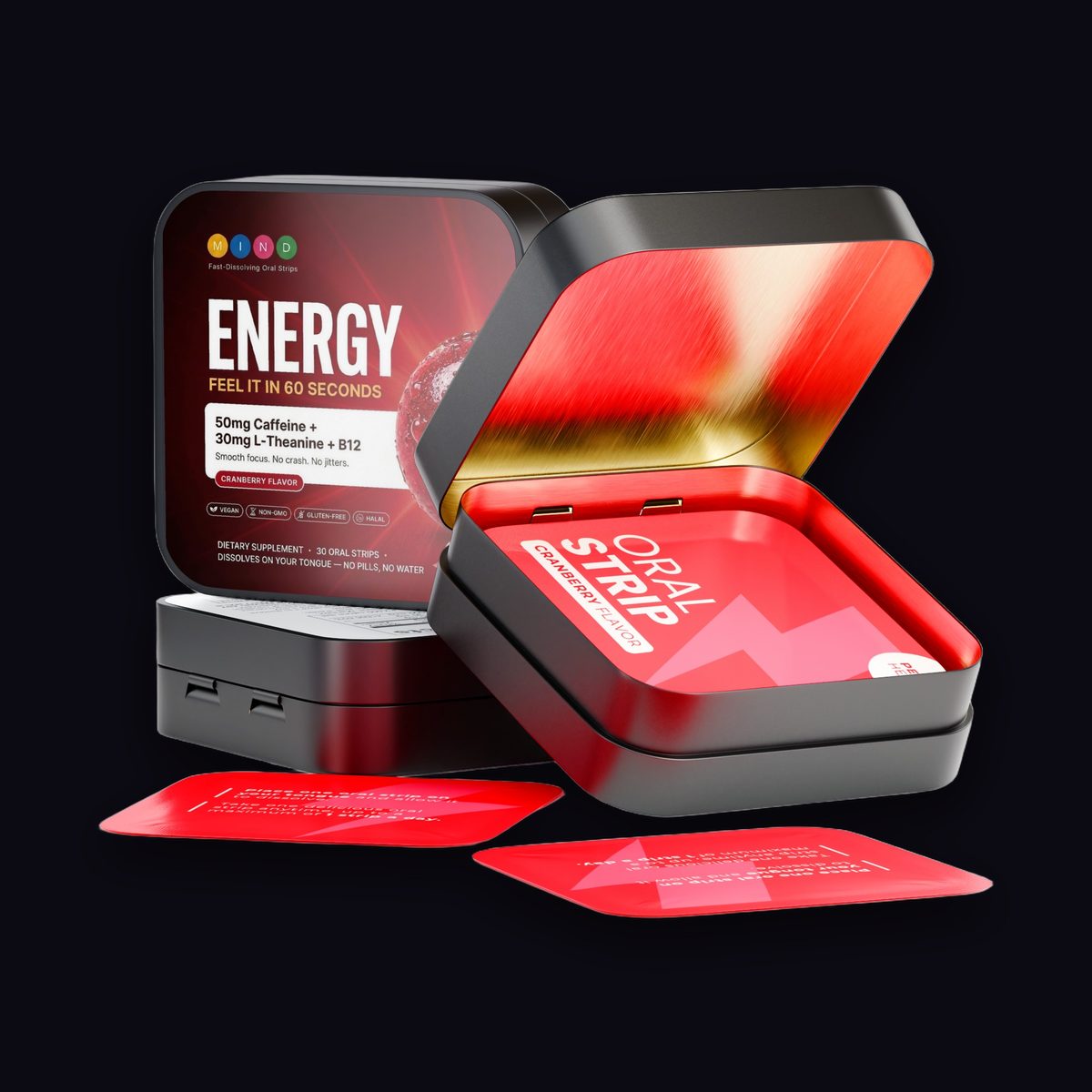 Open Energy tin with 30 individually wrapped strips inside