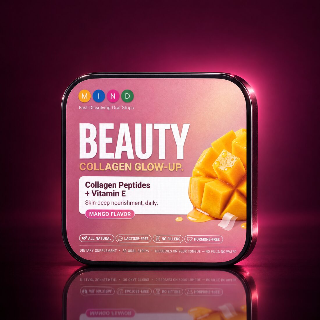 Beauty + Collagen tin, showing the printed label