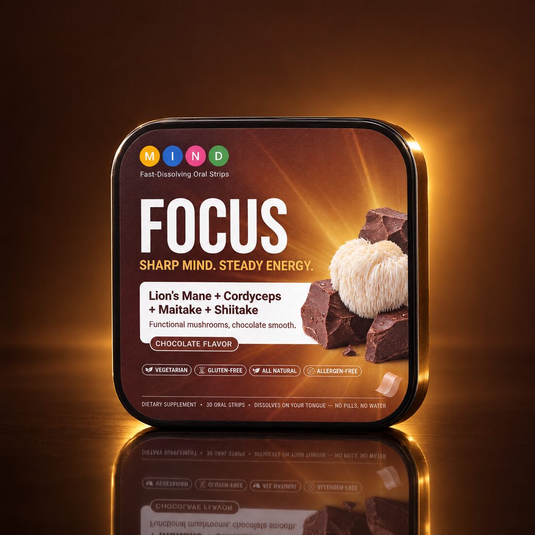 Mushroom Focus tin, showing the printed label