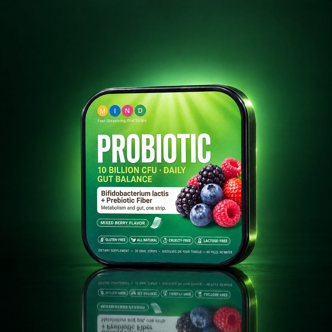 Probiotic tin, showing the printed label
